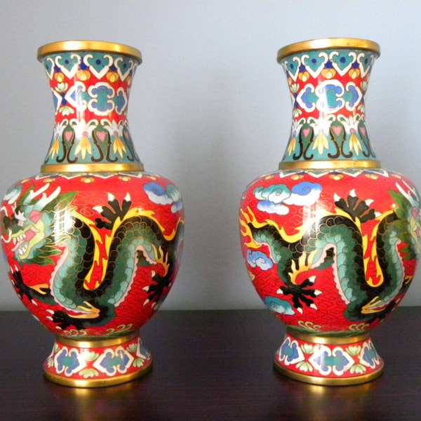 Vintage Red Dragon Chasing Flaming Pearl Cloisonne Vases, Pair of Two