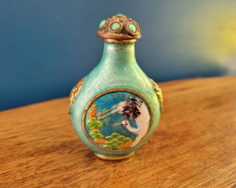 Vintage Chinese Enamel Cloisonne Snuff Bottle, Crane Design