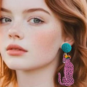 Fun Pink Panther Earrings, Funny Cute Statement Earrings, Unique Weird Animals, Birthday Gift for Her, Leopard Earrings, Animal Earrings