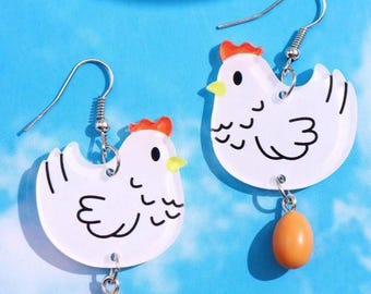 Fun Chicken and Egg Dangle Earrings, Novelty Earrings, Unique Earrings, Funny Earrings, Farm Animal Earrings
