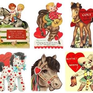 Vintage Pferdesport Western 50er Jahre Valentinstag Digitale Karten, niedliche Cowboys Cowgirl Themed Collage Sheets, druckbare PDF-Dateien, 18 Bilder