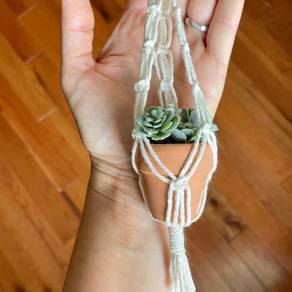 Tiny macrame plant hanger for car