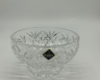 Czech Bohemian Crystal Glass Footed Bowl Dia-6/15.5cm Hand Cut Hand Decorated Gold Plated Wedding Gift Vintage Lace Design Elegant Centerpiece Desserts Dish Classic Crystal Glass