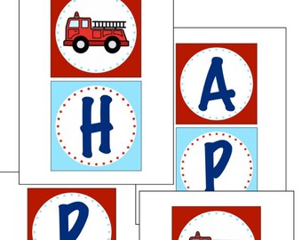 INSTANT DOWNLOAD Printable Fire Truck Happy Birthday Banner, Birthday, Blue and Red, DIY Digital File