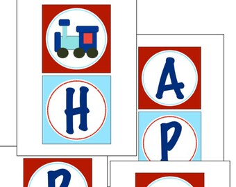 INSTANT DOWNLOAD  Train Happy Birthday Printable Banner, Blue, Red, DIY Digital File