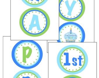 INSTANT DOWNLOAD Printable First Birthday Boy Happy 1st Birthday Banner, Blue cupcake and green polka dots, DIY Digital File