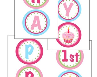 INSTANT DOWNLOAD Printable First Birthday Girl "Happy 1st Birthday Banner", DIY Digital File, pink, blue, green