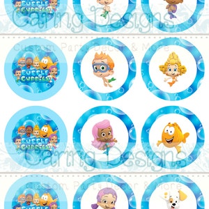 May include: Circular party decorations featuring characters from the "Bubble Guppies" animated series. Each circle has a blue border with bubble accents and a character illustration. The text "Bubble Guppies" is also present.