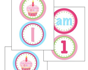 INSTANT DOWNLOAD-Printable First Birthday Girl I am1 High Chair Banner-pink cupcake and green polka dots, DIY Digital File