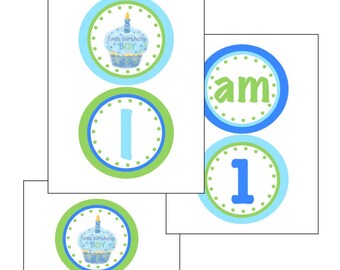 INSTANT DOWNLOAD-First Birthday Boy Printable I am1 High Chair Banner-blue cupcake and green polka dots-DIY Digital File