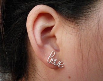 Silver Wire Love Earring Cartilage Earring Ear Cuff Cartilage Stud Word Stud Cursive Word Earring Silver Wire Love Earring Cartilage Earring Ear Cuff Cartilage Stud Word Stud Cursive Word Earring