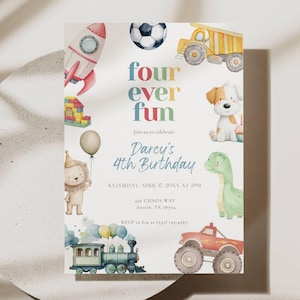 Pode incluir: Um cartão de convite de aniversário retangular com ilustrações em aquarela de um foguete, bola de futebol, caminhão basculante amarelo, filhote, leão com balão, dinossauro verde e um trem. Texto: four ever fun, Darcy's 4th Birthday, Saturday, April 17.