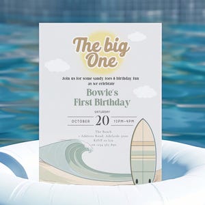 Surf 1st Birthday Invitation: Big One, Beach Party, Editable Canva Template (Digital Download)