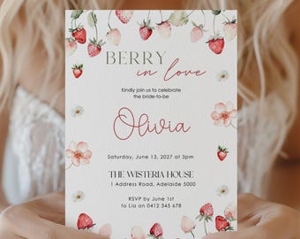 Berry in Love Bridal Shower Invitation: Editable Strawberry Theme Template (Digital Download 5x7in Canva)