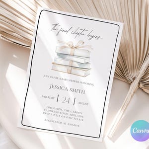 Bearbeitbar Das letzte Kapitel-Babyparty-Einladung, Babyparty mit dem Thema Buch, literarisches Babyparty-Design, Canva-Vorlage