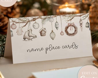 Rustic Christmas Place Cards: Editable Holiday Name Card Template, Printable Festive Table Décor, Canva Digital Download