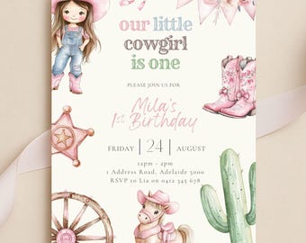 Cowgirl First Birthday Invitation: Pink Rodeo, Editable Canva Template (Digital Download)