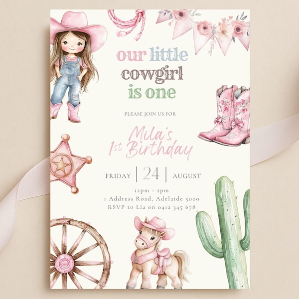 Cowgirl First Birthday Invitation: Pink Rodeo, Editable Canva Template (Digital Download)