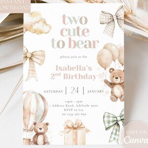Editable “Two Cute to Bear” second birthday invitation with watercolor bear artwork, neutral tones, and forest theme – perfect for toddler parties.