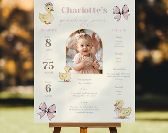 May include: A personalized baby milestone sign on an easel. The sign features a photo of a baby girl, along with text that reads "Charlotte's quacking year." The sign includes information about the baby's weight, height, and teeth.