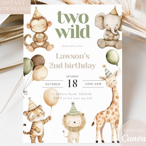 Zwei wilde Safari-Geburtstagseinladung: Dschungel-Thema, bearbeitbare Canva-Vorlage (druckbarer digitaler Download)