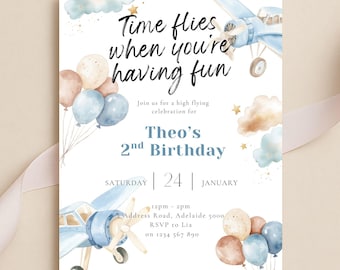 2nd Birthday Invitation: Plane Party Invite Second Birthday (Digital Download 5x7" Canva Template)