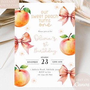 Süßer Pfirsich Einladung zum 1.Geburtstag: Aquarell Obst Party (Digitaler Download 13x18cm Vorlage)