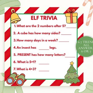 May include: A festive Elf Trivia game card with a red and white striped border. The card features questions about numbers, shapes, and insects. Decorative elements include a bell, gift, candy cane, Christmas tree, and elf shoes.