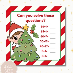 May include: A square Christmas-themed card with a red and white striped border. The card features an elf, a Christmas tree, and the text "Can you solve these questions?" along with math problems. The card is 4x4 inches in size.