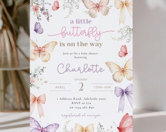 Bow Floral Butterfly Baby Shower Invitation: Editable Pastel Canva Template (5x7in Digital Download)