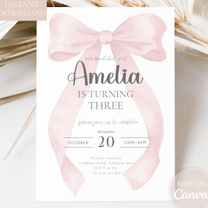 Pink Bow 3rd Birthday Invitation: Editable Canva Template (Digital Download