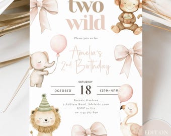 Invitación de cumpleaños "Two Wild": Safari rosa, animales de la jungla (descarga digital)