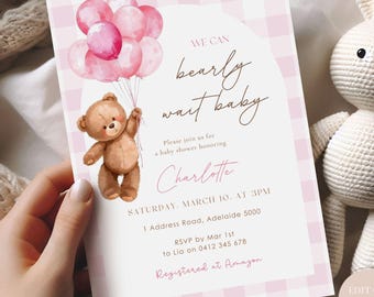 We Can Bearly Wait Baby Shower Invitation, Pink Gingham Bear Baby Shower Invite, Editable Canva Girl Baby Shower Printable, Teddy Bear Theme