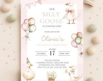 Pink Silly Goose 1st Birthday Invitation: Editable Girl First Birthday Party Canva Template