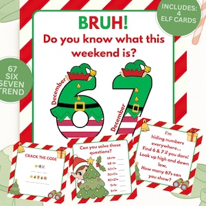 Op de afbeelding: Een feestelijke kerstspelset met de tekst "BRUH! Weet je wat dit weekend is?" met de nummers 67, elfenillustraties en vier elfenkaarten met puzzels. Inclusief een zuurstok.