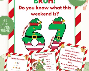 6 7 Elf afdrukbare bundel, kerstelf activiteitenkaarten, Six Seven Elf Joke, Crack the Code Game, Kids Elf Ideas, Instant Download 4 x 4