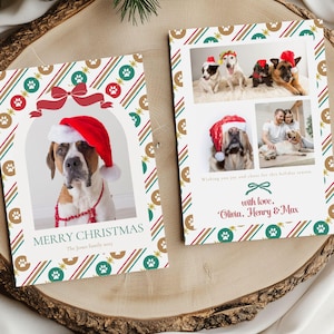 Celebrate the holidays with this Red & Green Paw Print Dog Christmas Photo Card Template - perfect for families and pet lovers alike! Featuring playful paw prints, candy cane stripes, and festive red bows, this editable Canva template makes it easy to personalize your own photos, names, and holiday message in minutes.

Create a joyful and heartwarming greeting that’s as unique as your furry family members — no design experience needed!