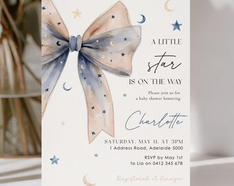 Celestial Star Baby Shower Invitation: Navy Beige, Editable Canva Template (Digital Download)