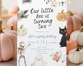 Little Boo is Turning Two Invitation, Halloween Birthday Canva Template, Editable Ghost Party Invite, Boy or Girl 2nd Birthday Printable