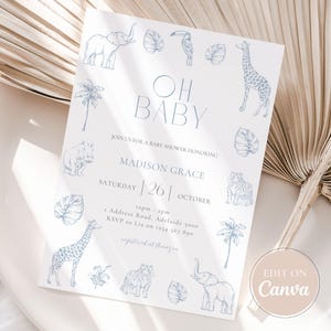 Blue Toile Safari Baby Shower Invitation, Boy Safari Baby Shower Invite, Safari Animals Printable, Elegant Jungle Baby Shower