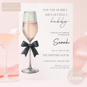 Pop the Bubbly-uitnodiging vrijgezellenfeest – bewerkbare sjabloon voor champagnefeest van 5 x 7