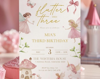 Flutter Into Three Fairy Birthday Invitation, Editable Third Birthday Invite, Fairy Garden Theme, Fairy Party Printable, 3rd Birthday