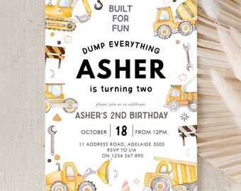 Construction Birthday Invitation, 2nd Birthday Party Invite, Editable Construction Truck Birthday, Boy Birthday Invitation, Canva Template