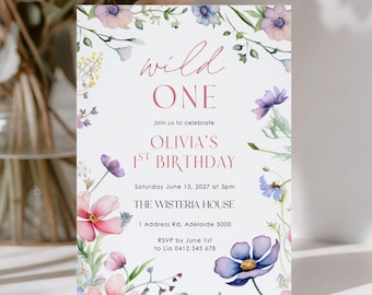 Wild One Floral Birthday Invitation: Boho Girl Party (Editable Canva Template)
