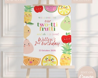 Two-tti Frutti Birthday Welcome Sign: Tropical Fruit 2nd Birthday Party Decor (18x24" Digital Download)