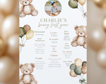Little Bear First Birthday Milestone Poster Template – Editable Canva Printable | 18x24” – Beary First Year Sign, Baby Stats Board