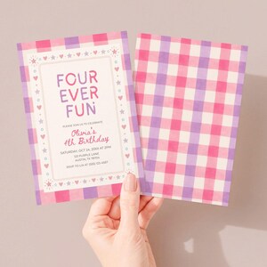 Four Ever Fun Birthday Invitation Template, 4th Birthday Invite Girl, Pink Purple Gingham Party Invitation, Editable Canva Invite