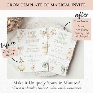 May include: Two invitation cards with a whimsical "One Silly Goose" theme. The cards feature illustrations of geese, bows, and balloons. Text includes "Hariette's 1st birthday" and "Milla's 1st birthday". The phrase "Make it Uniquely Yours in Minutes!" is also visible.