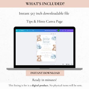 May include: A laptop displays a digital invitation with a teddy bear theme. The invitation includes text that reads "for little bear is turning one" and "Charlie's first birthday." The image also includes the text "Instant 5x7 inch downloadable file" and "Instant Download."