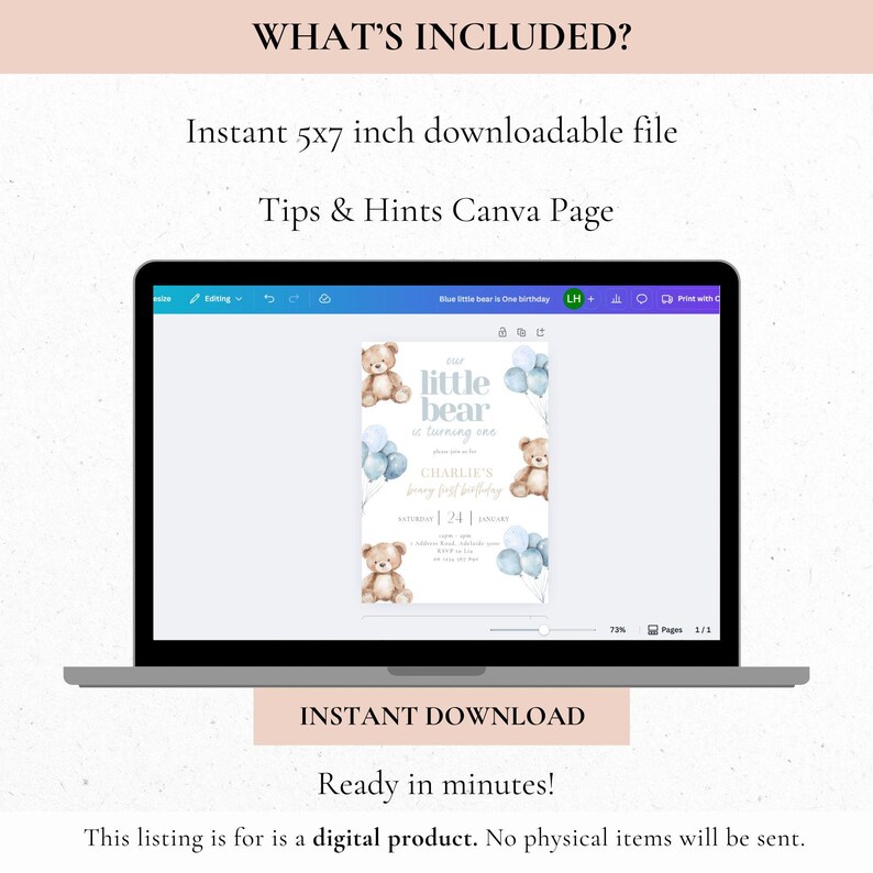 May include: A laptop displays a digital invitation with a teddy bear theme. The invitation includes text that reads "for little bear is turning one" and "Charlie's first birthday." The image also includes the text "Instant 5x7 inch downloadable file" and "Instant Download."